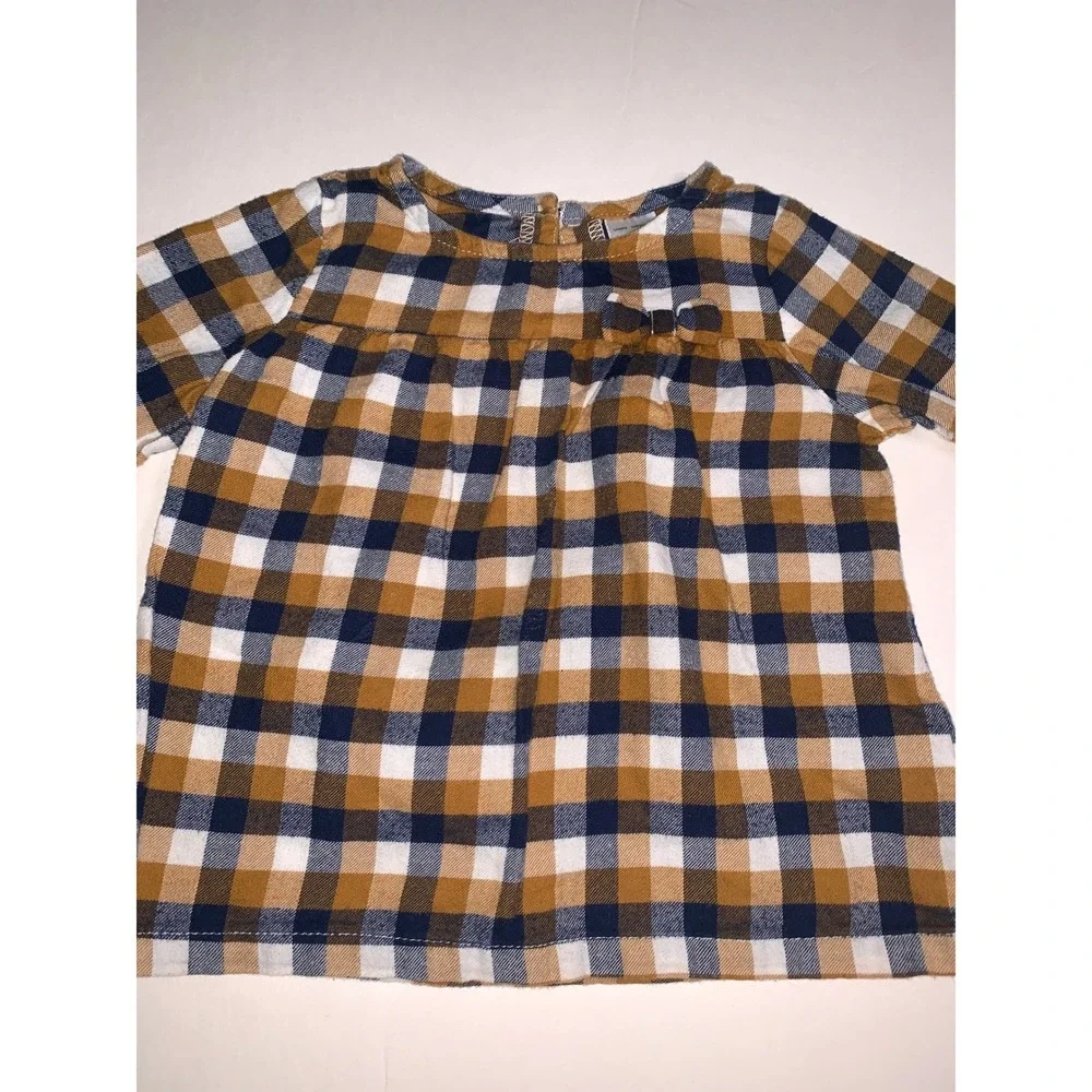 Carters 12M Mustard Yellow Navy Blue Gingham Plaid Long Sleeve Bow‎ Top 1J165910
